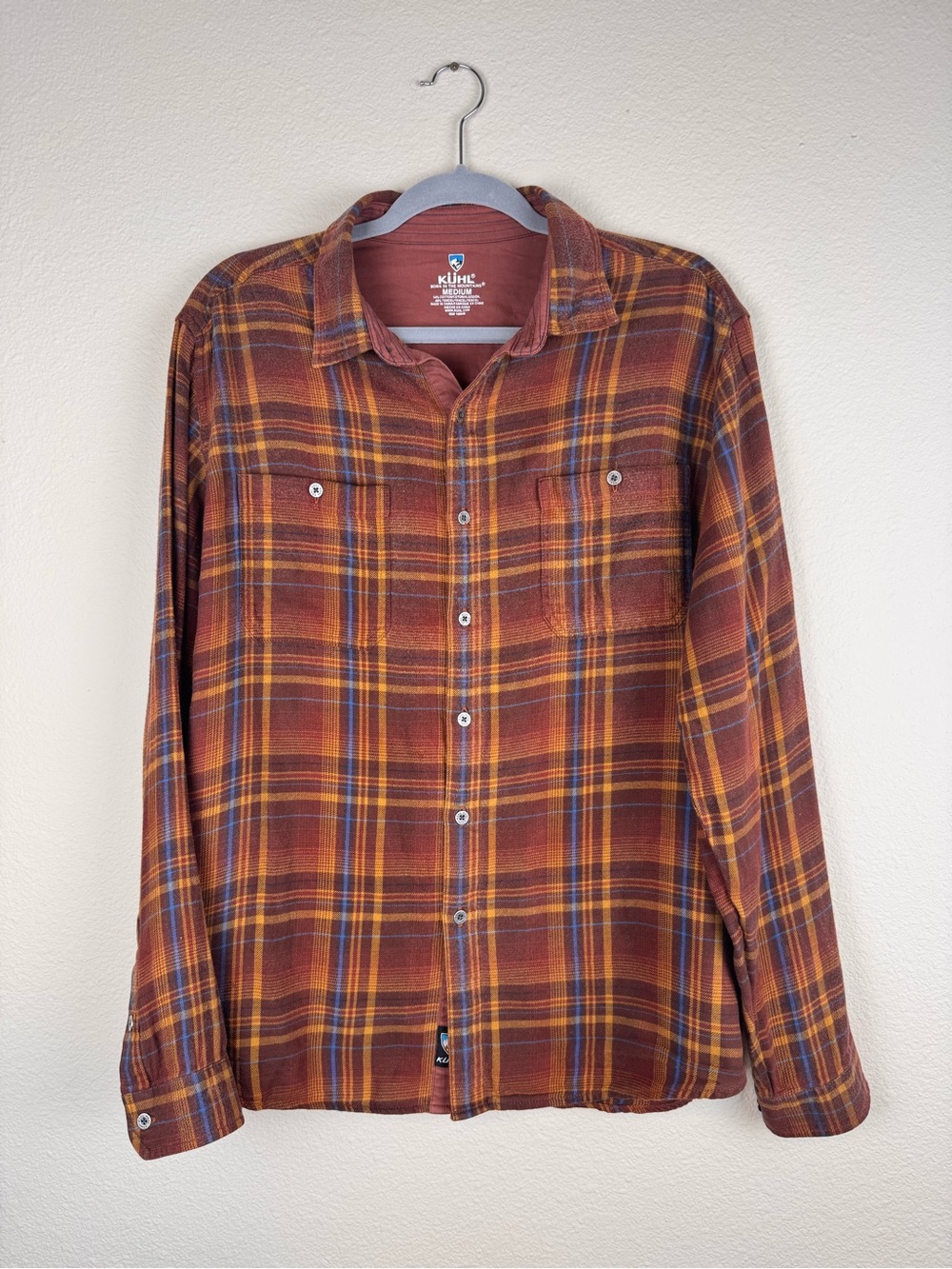 Kuhl Mens M Plaid Flannel Shirt Tencel Cotton Rust Brown Outdoor Hiking